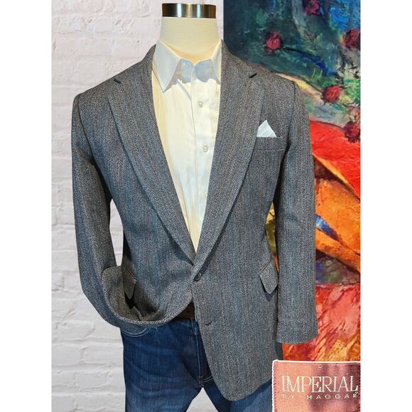 Vintage Haggar 44R Gray Multi-Color Herringbone Tweed Blazer Sport Coat Jacket - Picture 1 of 14